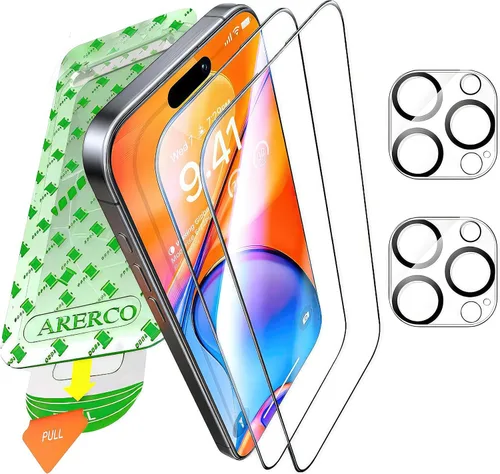 Miniatura 10 de Paquete de 2 protectores de pantalla para iPhone 15 Pro + 2 protectores de lente de cámara 9H + vidrio templado de grado militar, inastillable