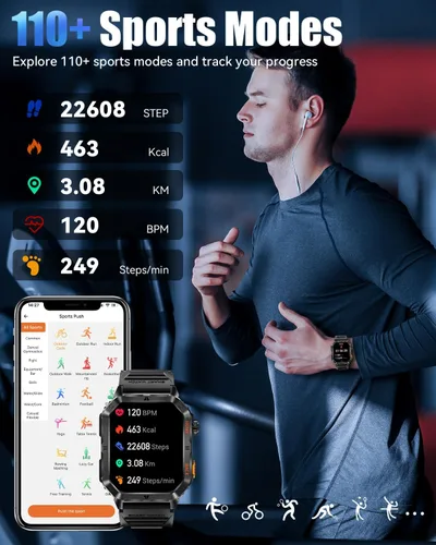 Miniatura 5 de Military Smarty Watch for Men, 2.01" Smartwatch with 1200mAh Battery, Flashlight, Answer/Make Calls, Heart Rate/Sleep Monitor 100+ Sport Modes Steel
