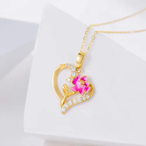 Miniatura 34 de Collar de flor de nacimiento de oro real de 14 quilates para mujer, oro amarillo creado moissanita con colgante de corazón, collares