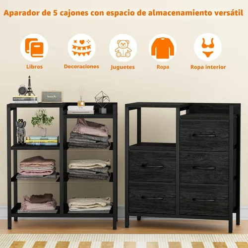 Miniatura 5 de Furnulem Cómodas Negras de 5 Cajones para Dormitorio Estante de 2 Niveles Almacenamiento Cómoda de Tela Pequeña para Closet Marco de Metal Roble