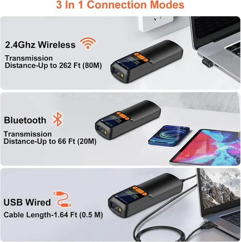 Miniatura 4 de KUIIYER Mini escáner de código de barras Bluetooth, escáneres inalámbricos 2D QR 1D de código de barras con pantalla LCD y teclado de ajuste y voz
