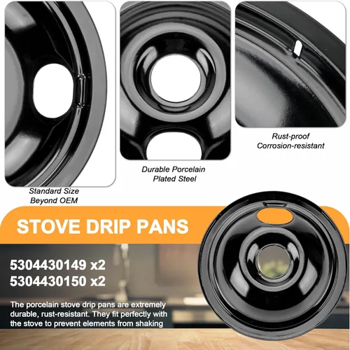 Miniatura 3 de Juego de 4 bandejas de goteo de porcelana negra, 318067041 y 318067051, compatible con horno Frigi-daire Ken-more, sustituye al quemador de estufa