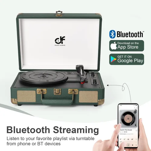 Miniatura 10 de Tocadiscos de vinilo Bluetooth de 3 velocidades portátil tipo maleta con altavoces integrados, grabación USB de vinilo a MP3, RCA, AUX y salida