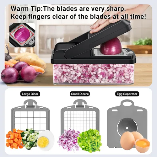 Miniatura 4 de SpaceHacks Picador de verduras 12 en 1, utensilios de cocina con 7 cuchillas, verduras, alimentos, picador de cebolla, rebanador de pepino, Gris