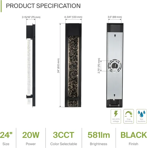 Miniatura 2 de ASD Lámpara de pared LED de vidrio burbuja de 24 pulgadas, aplique texturizado para exteriores e interiores 3CCT, impermeable, regulable, Negro
