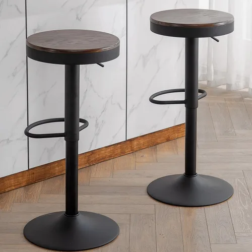 Miniatura 22 de Kidol & Shellder Juego de 2 taburetes de bar negros ajustables giratorios sin espalda, modernos y redondos de madera, sillas de barra de altura sin
