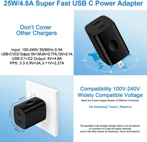 Miniatura 4 de Bloque de cargador de 25 W, USB C, caja de cargador de pared Android, 2 puertos, adaptador de corriente de enchufe de carga dual súper rápido