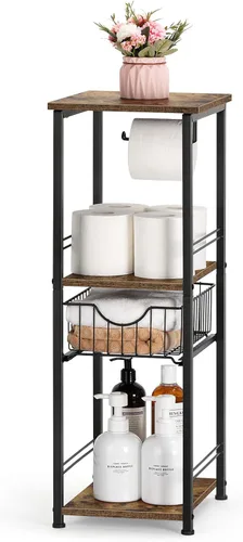 Miniatura 10 de OYEAL Armario de almacenamiento de papel higiénico negro pequeño estante lateral de baño con cajón estrecho gabinete de almacenamiento de toallas