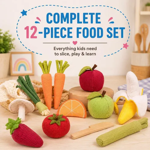 Miniatura 2 de Juego de cocina de frutas y verduras de felpa de 12 piezas - Viene con alimentos de aspecto realista -Juego de simulación para niños alimentos