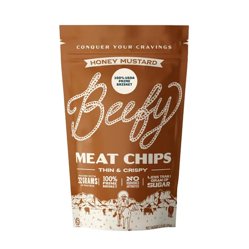 BEEFY Meat Chips - Mostaza Miel - 2.5oz. 100% Prime Brisket. 13g de proteína por onza.