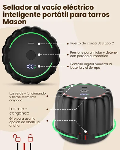 Miniatura 9 de Kit de sellado al vacío de tarros Mason eléctrico mejorado 2026 con tapas Mason de boca ancha y regular, bomba de vacío automática de 80 kpa, Negro