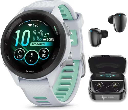Garmin Forerunner 265S Music GPS Running 42 mm Smartwatch, Blanco piedra con pantalla táctil AMOLED de 1.1 pulgadas y auriculares negros en oferta