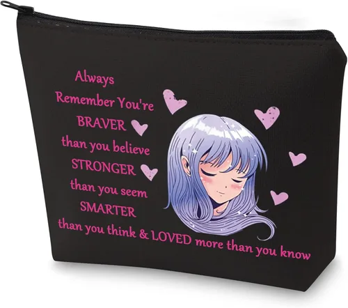 Miniatura 8 de WZMPA Amine Girl - Bolsa de cosméticos para fanáticos del anime, regalo You Are Braver Stronger Smarter Than You Think Japón Anime maquillaje bolsa