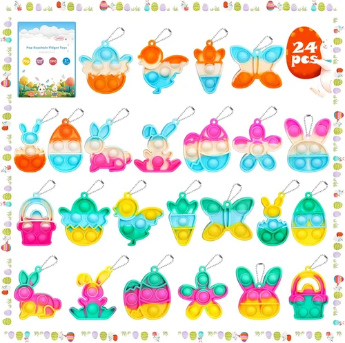 Paquete de 24 juguetes antiestrés de Pascua con diseño de mini llavero, ideal para niños, como rellenos de cesta de Pascua, regalos de Pascua,