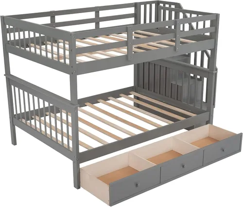 Miniatura 4 de Literas de tamaño matrimonial con cajones y escaleras, marco de cama de madera con almacenamiento para niños, adolescentes y adultos, desmontable