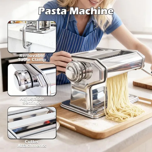 Miniatura 5 de Máquina para hacer pasta con 7 ajustes de grosor ajustable, máquina manual de fideos de acero inoxidable, rodillo y cortadores de pasta con mango