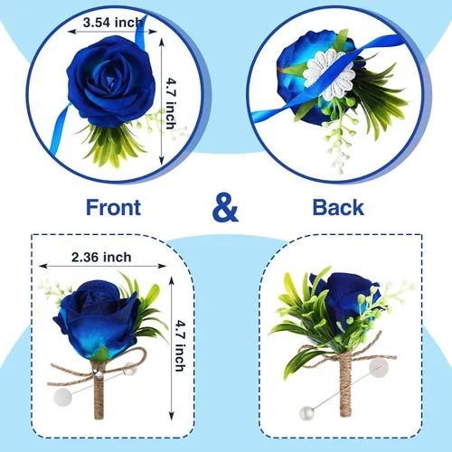 Miniatura 2 de Aoriher Juego de 4 ramilletes y boutonniere para fiesta de boda, 2 pulseras de ramillete de rosas para baile de graduación, dama de honor, Azul