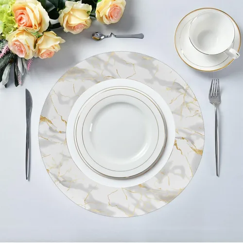 Miniatura 3 de Round Placemats Set of 1, White Marble Print Gold Texture Heat Resistant Washable Place Mats Table Mat for Kitchen Dining Party