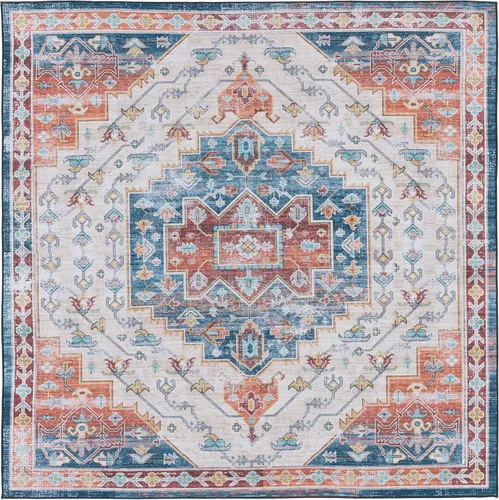Miniatura 13 de SAFAVIEH Alfombra lavable Tucson Collection - 2 pies 6 pulgadas x 4 pies, azul y al óxido, antideslizante y fácil de limpiar, ideal para sala
