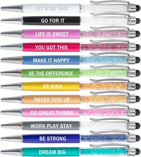 Miniatura 8 de PASISIBICK 12 piezas de bolígrafos de tinta negra con citas motivadoras e inspiradoras, punta estilo lápiz táctil para pantalla, escrituras 12