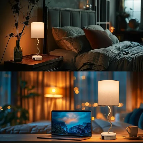 Miniatura 6 de Lámpara de Mesa con Base de Mármol - Lámpara de Mesita de Noche Moderna con Puerto USB y Cadena de Tracción, Lámpara para Dormitorio, Sala de Estar