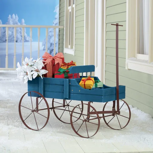 Miniatura 5 de Carreta Amish decorativa, maceta de jardín de atrás de interior y exterior, Azul