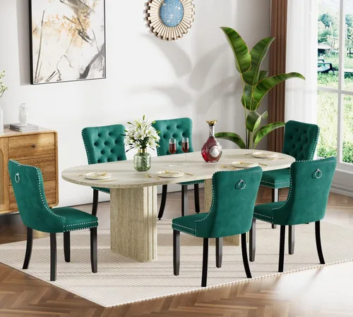 Miniatura 24 de Juego de 4 mesas de comedor extensibles, mesa de comedor ovalada negra y 4 sillas de comedor de terciopelo negro con patas de madera, juego de mesa