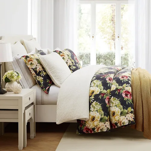 Miniatura 17 de HiEnd Accents Dalia - Juego de edredón de lino de 3 piezas, tamaño King, juego de ropa de cama floral azul claro, estampado botánico de flores