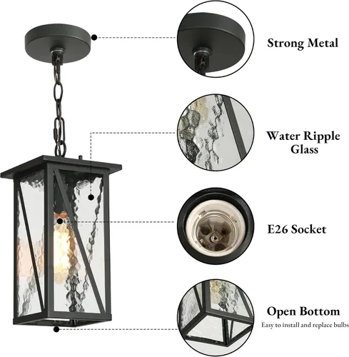 Miniatura 3 de Lámpara colgante para exteriores, luces colgantes exteriores de granja con vidrio ondulado de agua, luz rectangular de techo negro para puerta