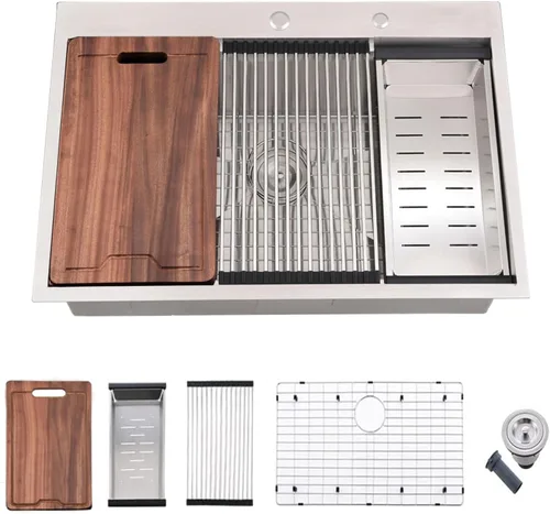 Miniatura 19 de Estación de trabajo de fregadero de cocina de 33 pulgadas - VOKIM 33 x 22 pulgadas, fregadero de cocina de montaje superior de 16 calibre, fregadero