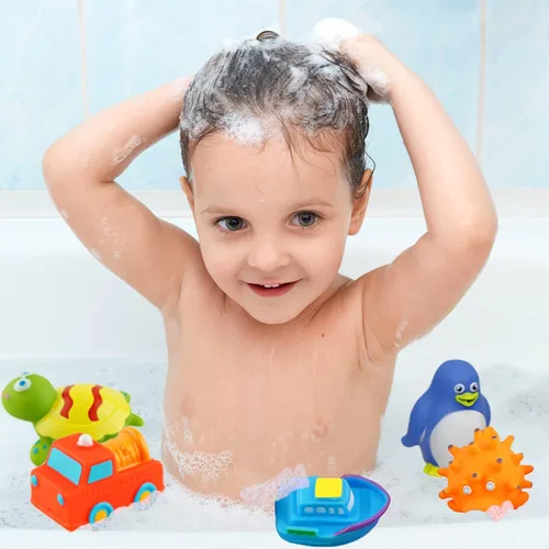 Miniatura 6 de Dimple Juego de 20 juguetes de baño flotantes, animales marinos, juguetes para niños y niñas, varios amigos de animales marinos, aprieta