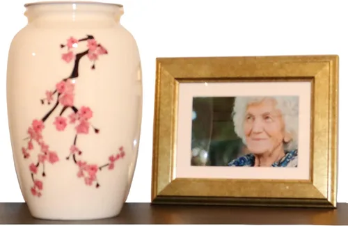 Liliane Memorials Urna de cremación de flores de cerezo rosa, urna funeraria blanca para cenizas humanas, hecha a mano en aluminio, adecuada para