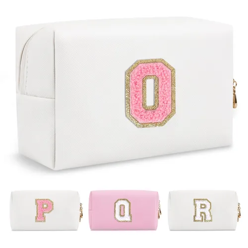 Miniatura 147 de Pequeña bolsa de maquillaje personalizada con inicial A-Z Preppy Patch, bolsa de cosméticos de viaje de felpilla blanca con cremallera, bonita bolsa