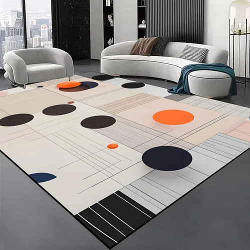 Miniatura 15 de Alfombra geométrica abstracta negra/marrón/naranja de 6x8 pies - Alfombra lavable multicolor moderna retro, alfombra antideslizante