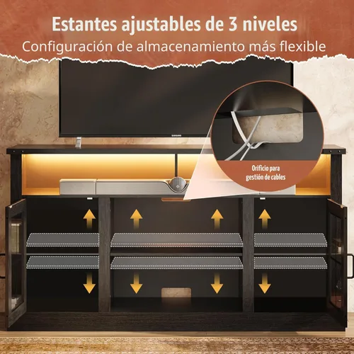 Miniatura 4 de WLIVE Soporte de TV estilo granja para TV de 65 pulgadas, centro de entretenimiento alto con luces LED y gabinetes de almacenamiento, mesa consola