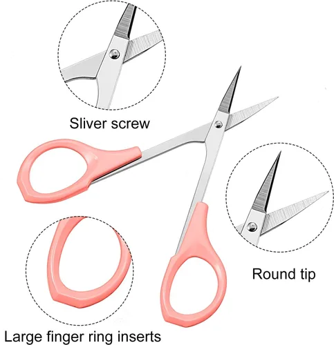 Miniatura 5 de Paquete de 2 tijeras de cejas curvadas de 4 pulgadas, tijeras pequeñas de acero inoxidable para recortar pestañas faciales y vello de nariz (rosa)