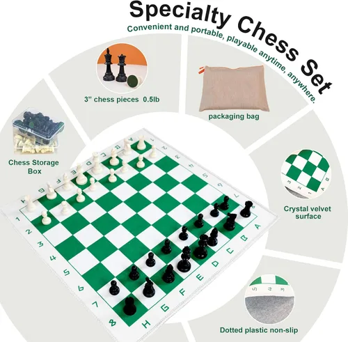 Miniatura 2 de Juego de ajedrez con tablero plegable verde y blanco de 19.7 x 19.7 pulgadas, piezas estándar sin peso de 3 pulgadas, juego de ajedrez de viaje