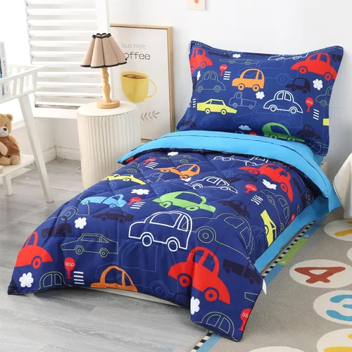 Miniatura 2 de Juegos de ropa de cama para niños pequeños con temática de autos de 4 piezas azules para niños, incluye juego de sábanas y edredón con temática