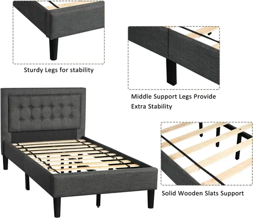 Miniatura 6 de Anwick Cama de plataforma tapizada con botones y soporte de listones de madera resistente (individual, gris)