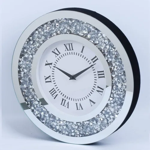 Reloj de pared grande con espejo plateado brillante brillante brillante con diamantes para decoración de pared, espejo de cristal plateado,