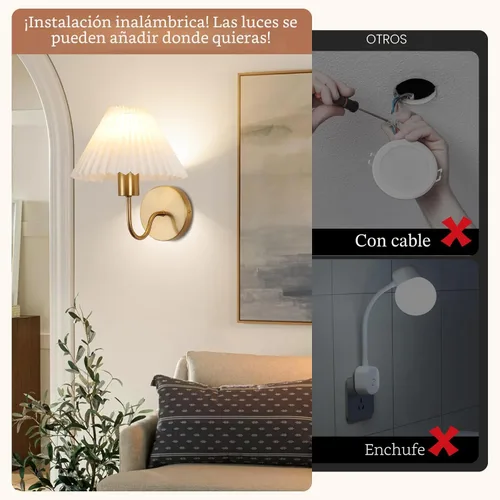 Miniatura 8 de Juego de 2 apliques de pared inalámbricos, pantallas plisadas recargables que funcionan con batería, luces de pared retro de cuello de ganso Dorado