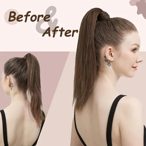 Miniatura 4 de Extensión de cola de caballo de cabello humano #4 marrón chocolate 100% Remy, extensión de cola de caballo recta envolvente alrededor de colas