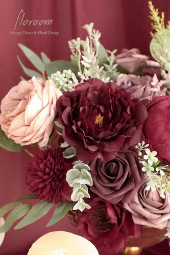 Miniatura 5 de Floroom - Flores artificiales de color burdeos y malva, rosas falsas de marsala, peonías y conjunto de caja de vegetación verde para ramos de boda