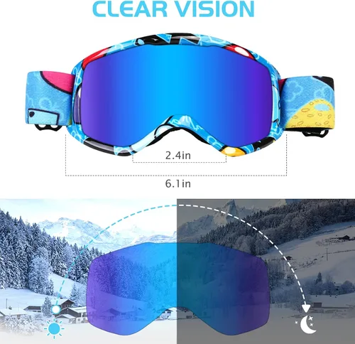 Miniatura 2 de Gafas de esquí para niños, gafas de snowboard para niños y niñas, jóvenes, OTG gafas de esquí antivaho con correa antideslizante Azul