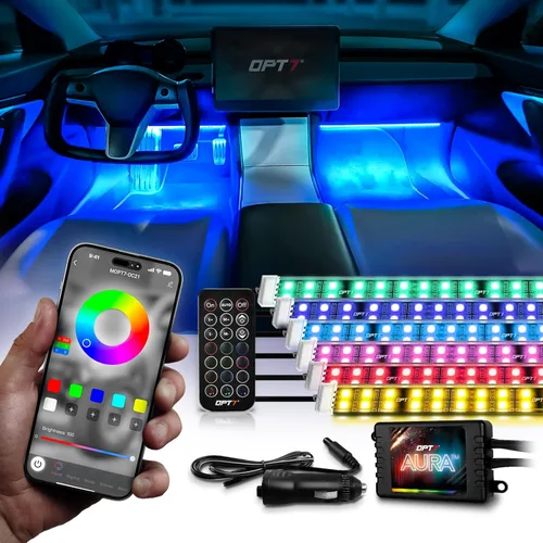 Miniatura 11 de OPT7 Aura Pro 4 piezas Tiras de luz LED dobles para interior de auto con APP y control remoto, modo multicolor, kit de iluminación de acento de neón