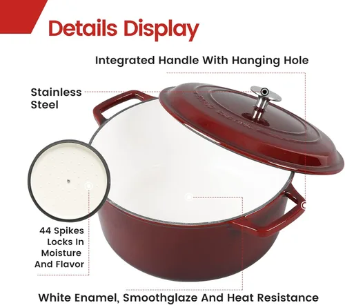 Miniatura 4 de EDGING CASTING Olla de horno holandés de hierro fundido esmaltada con tapa, horno holandés para hornear pan de masa madre redondo con asa doble, 6