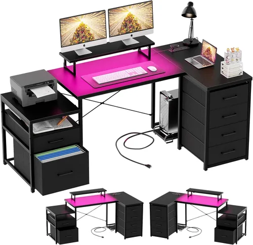 Unikito Escritorio reversible en forma de L para computadora con cajones de tela, escritorio esquinero de oficina grande de 70.8 pulgadas con luces