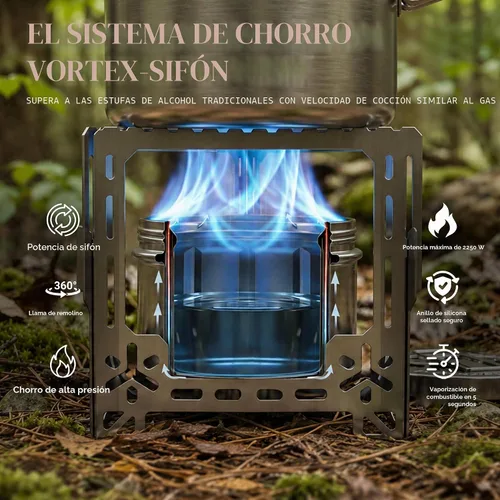 Miniatura 4 de Alocs Estufa de alcohol de 2250 W, estufa de camping con cubierta sellada, estufa individual de acero inoxidable con soporte plegable