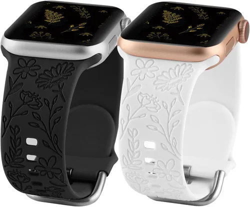 Miniatura 15 de Paquete de 2 correas deportivas grabadas con flores compatibles con correas de Apple Watch de 1.496 pulgadas, 1.575 pulgadas, 1.614 pulgadas