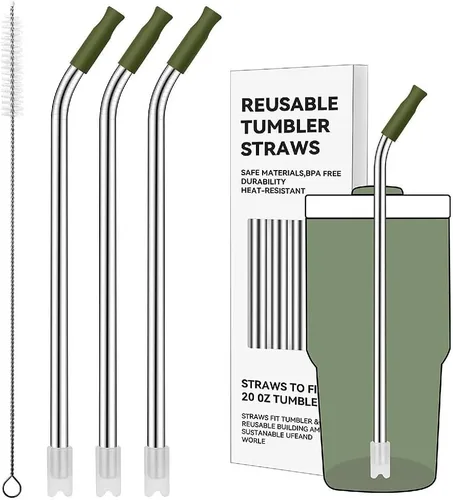 Miniatura 58 de Pajitas de metal rectas para vaso Stanley de 40 onzas, paquete de 3 popotes reutilizables de acero inoxidable con puntas de silicona y cepillo Gris